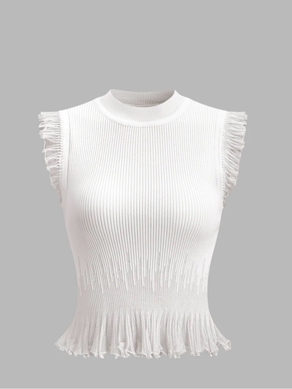 Commense White Ribbed Mock Neck Tank with Frilled Sleeves